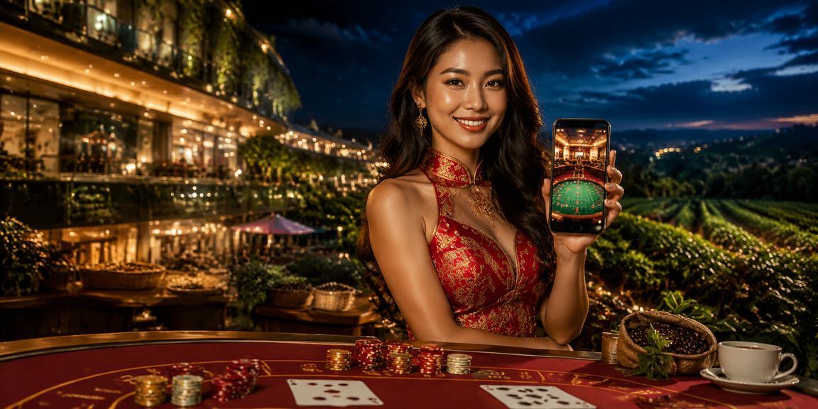 Người dùng trải nghiệm casino di động tại bãi biển Phú Quốc lúc hoàng hôn